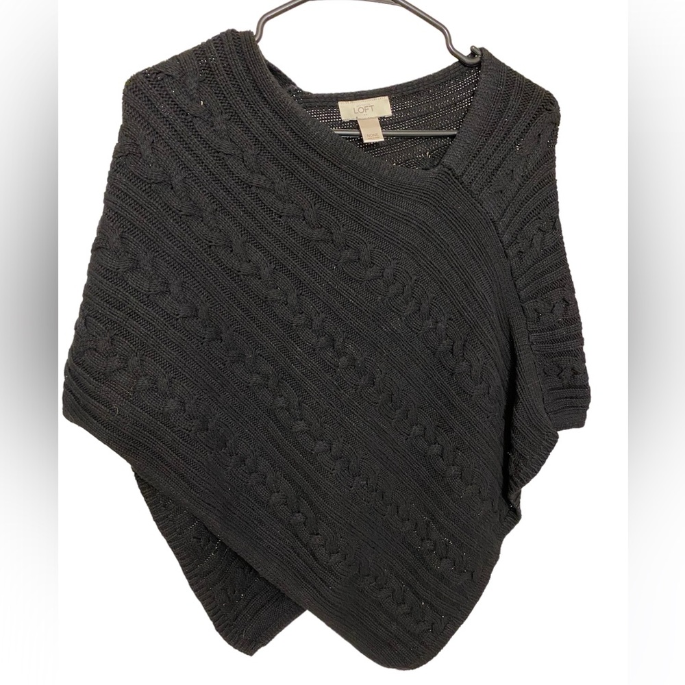 Loft Asymmetrical Cable Knit Ribbed Black Poncho